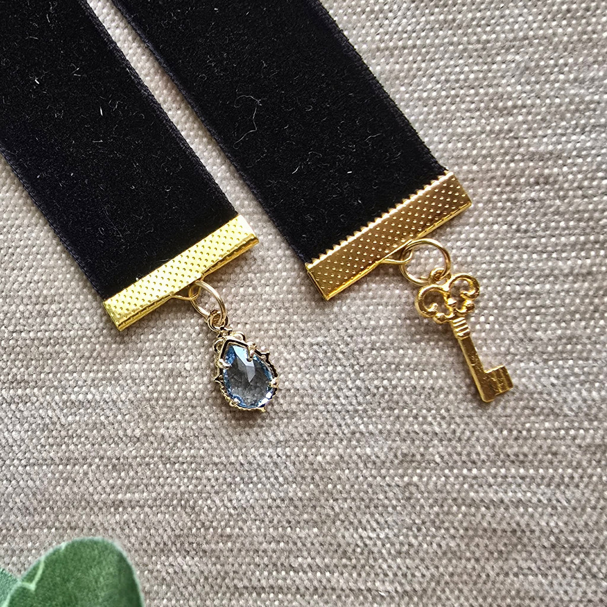 Sapphire Gem & Gold Key Ribbon Bookmark