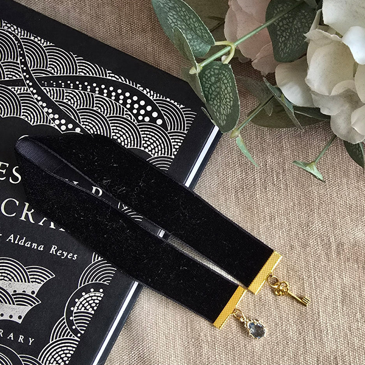 Sapphire Gem & Gold Key Ribbon Bookmark