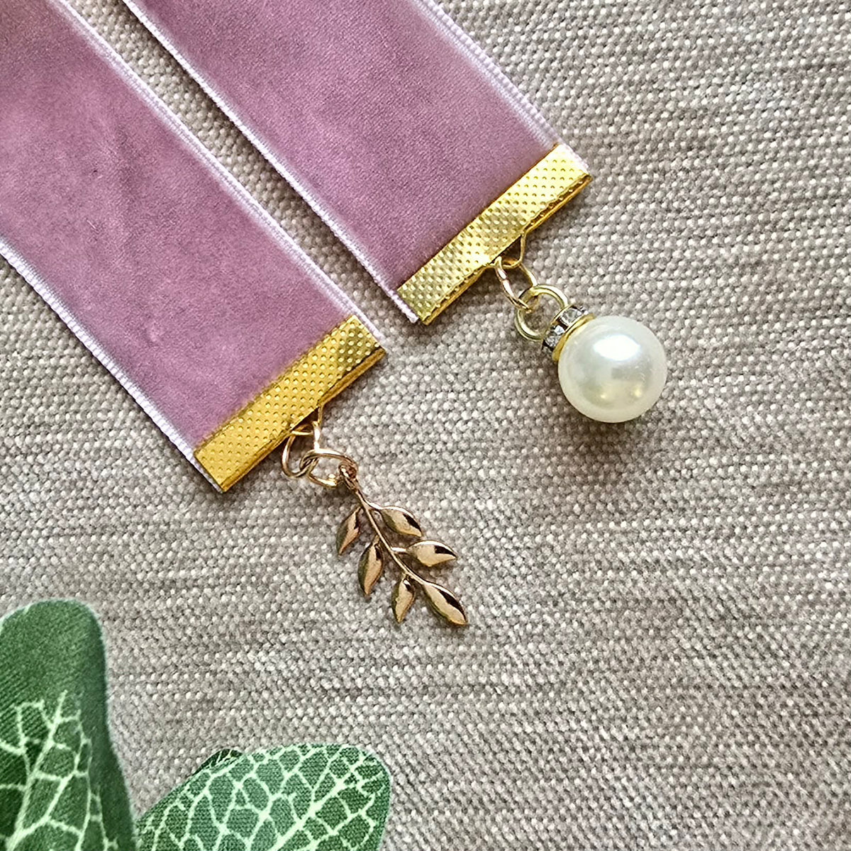 Pearl & Botanical Leaf Ribbon Bookmark