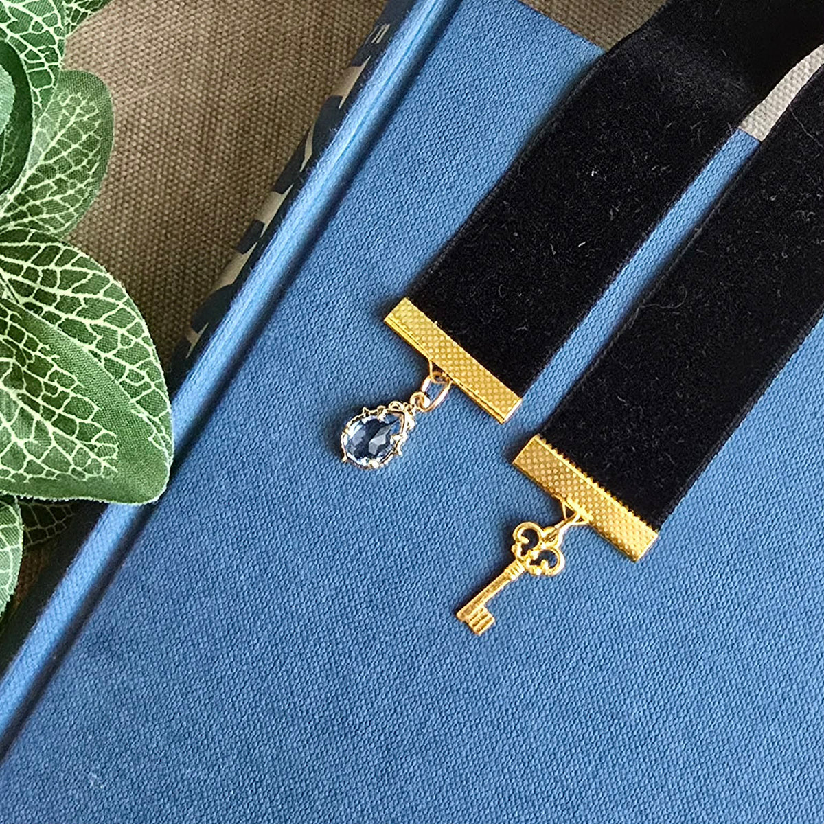Sapphire Gem & Gold Key Ribbon Bookmark